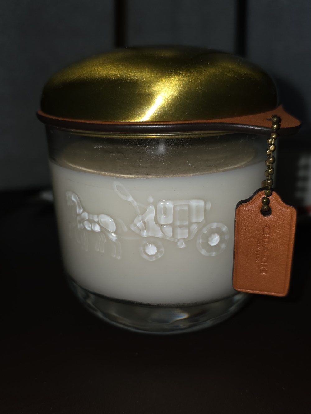 Coach NWT/Box Scented Candle Embossed Horse & Carriage & Tan Leather Hang Tag